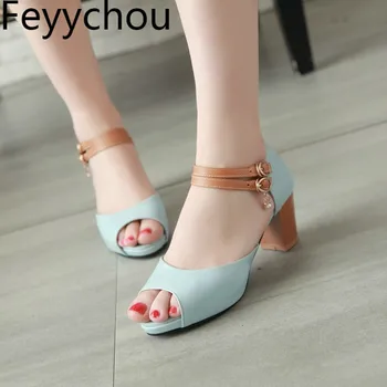 

Women Sandals Beach Shoes Med Heel Pu Peep Toe Double Buckle Platform 2018 Summer New Sexy Fashion Casual Beige Pink Sky Blue