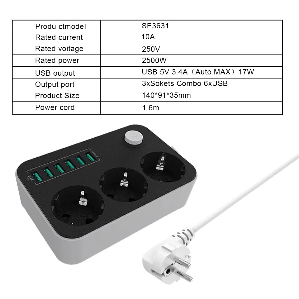 Grounding Surge Protector Electrical Socket 3 EU AC Outlet Extension Power Strip With 6 USB Wall Charger Adapter Dock 5V 3.4A