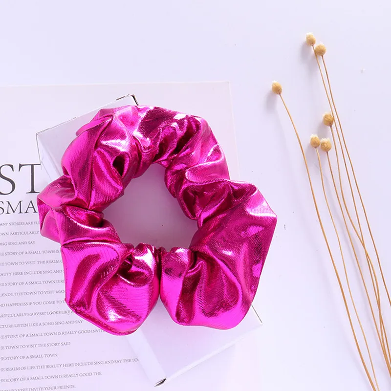 

Fashion European and American Style Women Soft PU Hair Scrunchies Shiny Metal Colors Plain Hair Rope Bands Punk Hair Holder