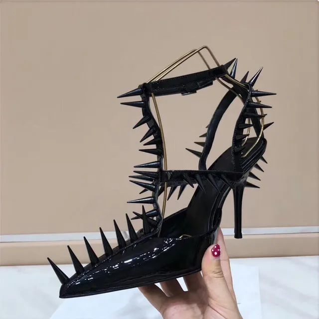 Unique Sharp Rivet Gladiator Sandals Women Thin High Heels Pointed Toe Studded Buckle Black Red 