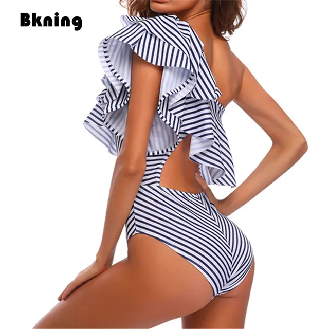 US $6.79 Bkning Striped One Piece Swimwear Large Women Summer 2019 Puls Size Swimsuit Ruffle One-Piece Swimm