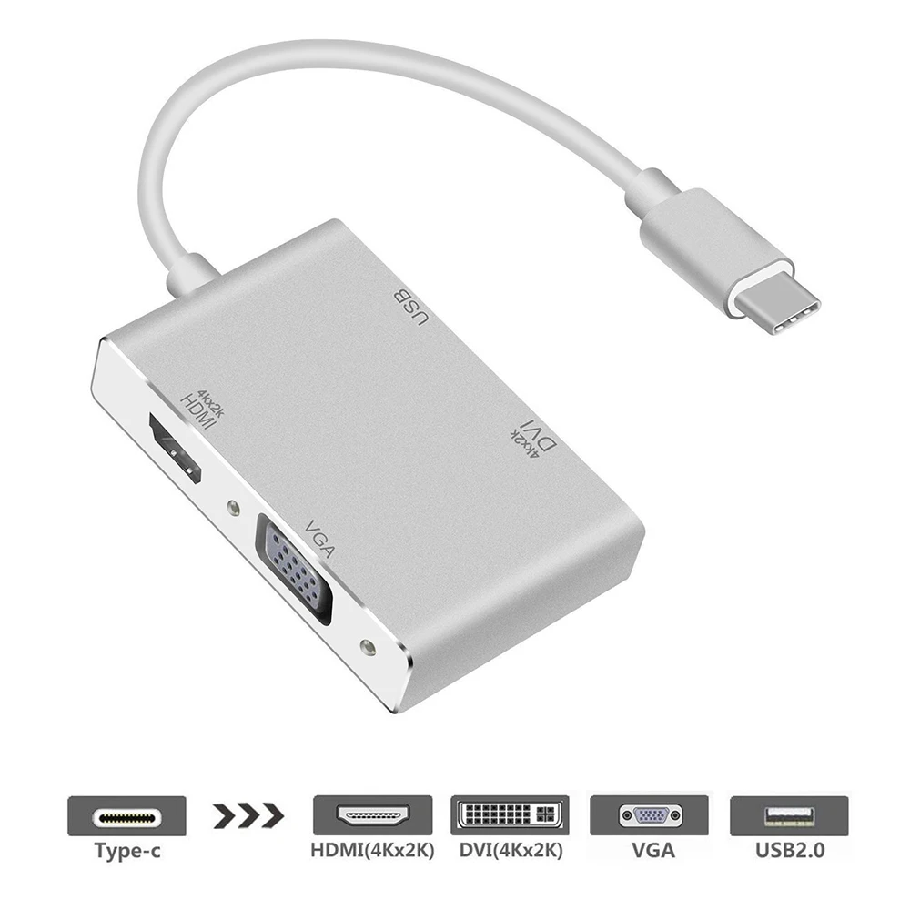 

USB 3.1 Type C to HDMI VGA DVI USB 2.0 Output 4 In 1 USBC Extend Hub 4K 1080P 3D Video Converter for Macbook Chromebook Laptops