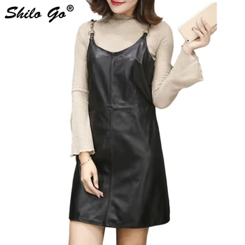 

Leather Dress Womens Autumn Fashion sheepskin genuine Leather dress sexy V Neck Sequined Spaghetti strap red dress