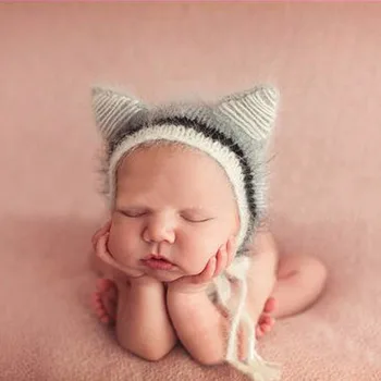 

Puseky 2018 Newborn Mohair Ear Hat Newborn Photography Props Cap Gorro Baby Handmade Knit Soft Mohair Hats Bonnet 0-6M