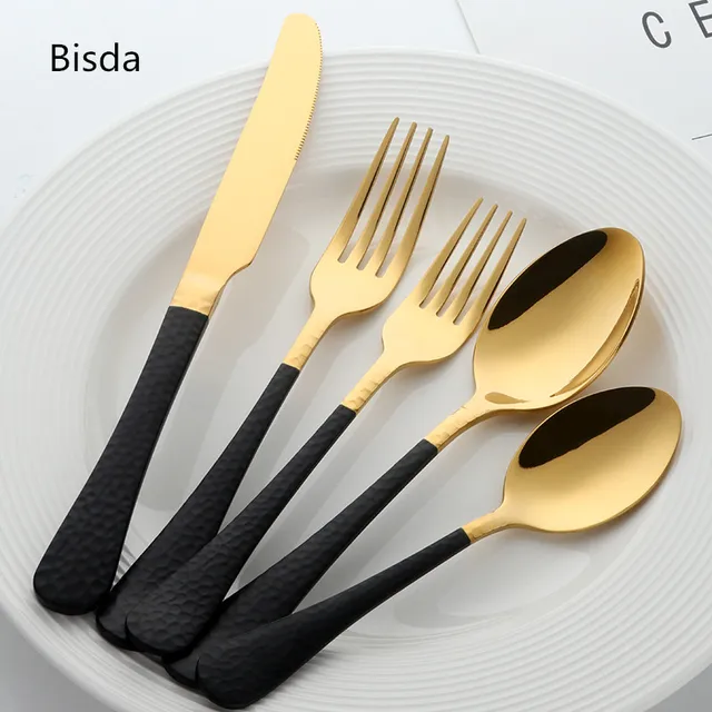 Dinnerware Set Stainless Steel 5Pcs Classic Gold Tableware Black ... Dinnerware Set Stainless Steel 5Pcs Classic Gold Tableware Black ...
