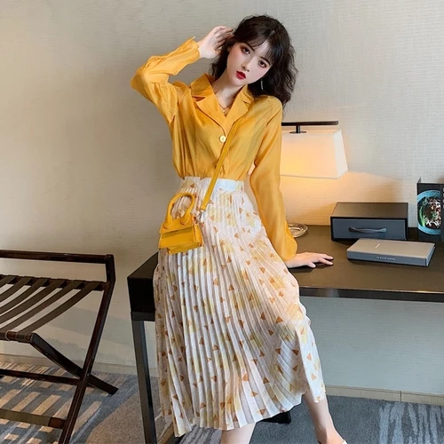 

Bright Turn-down Collar Single Breasted Tops Mid-calf Print Skirts Casual Women Sets Clothes Fashion 2 Piece Set Women