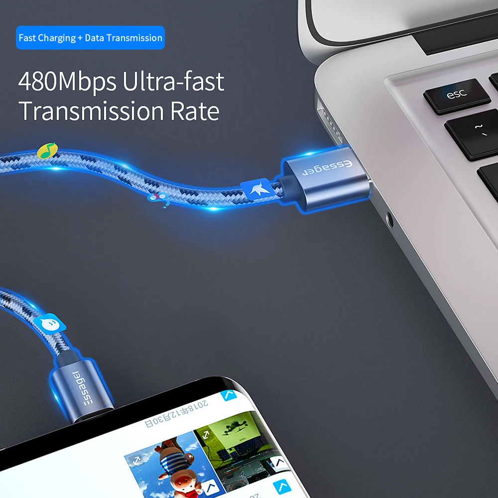 Essager USB نوع C كابل 3 m لسامسونج Xiaomi Redmi ملاحظة 7 K20 برو الهاتف المحمول سريع تهمة USBC نوع-c سلك الحبل USB-C شاحن