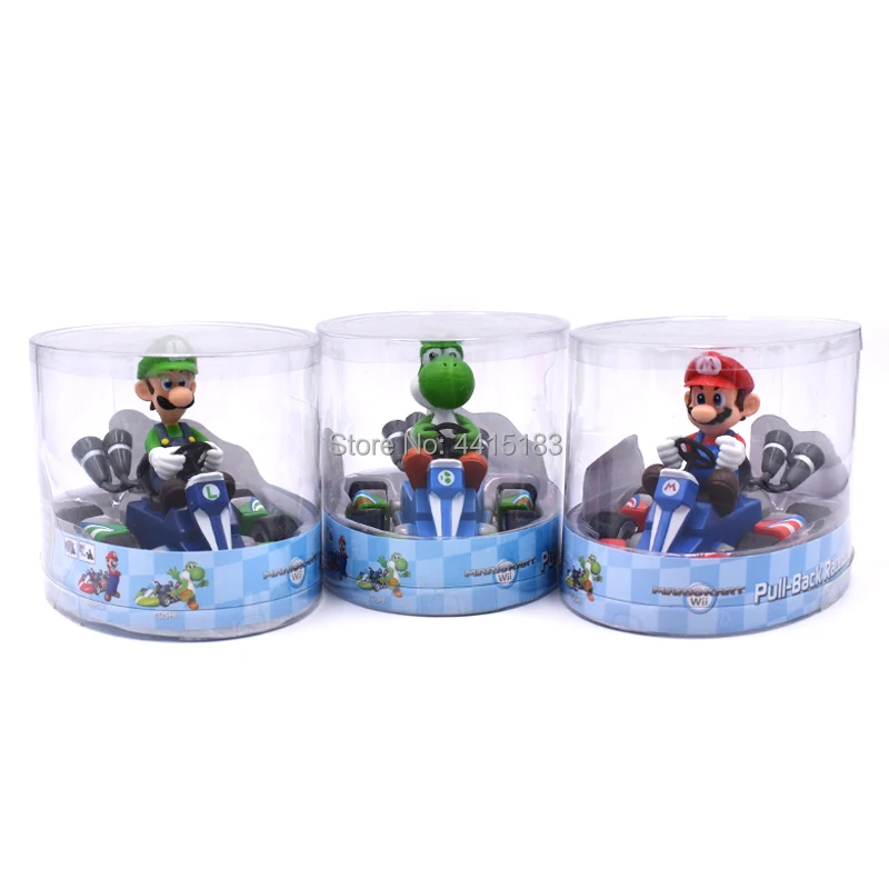 7 pcs/lot Anime Super Mario Bros Kart Pull Back Car Donkey Kong Peach Toad Luigi PVC Action Figure Doll Collectible Model Toy
