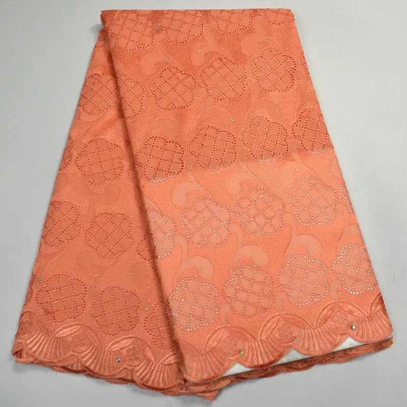 

2018 Hot Sale African Swiss Voile Lace High Quality Swiss Voile Lace In Switzerland 5 Yards Orange Cotton Lace With Stones PS1-3