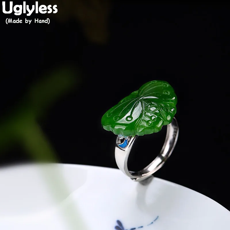 Uglyless Настоящее серебро 925 проба Bijoux натуральная яшма кольца женские этнические Эмаль Зеленый нефрит открытие кольцо ручной работы полые Bijoux