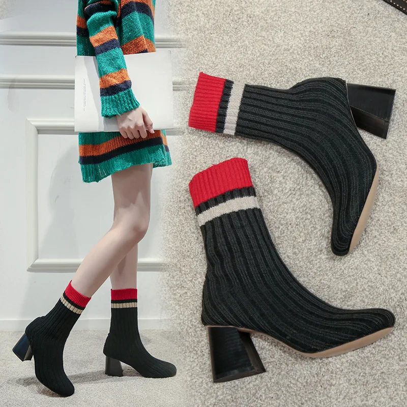 

Woolen chunk heels chelsea boots mixed colors knitted botas women shoes winter warm high heeled booties stretch socks botines