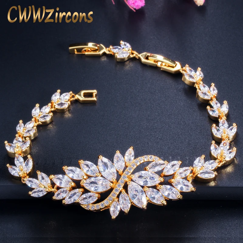 

CWWZircons Indian Yellow Gold Color Women Flower Big Wedding Bracelet Luxury Cubic Zirconia Bridal Jewelry CB106