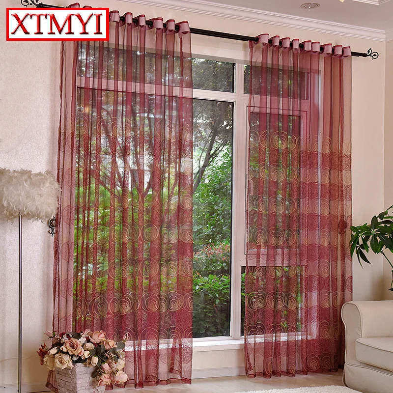 Embroidered tulle curtains for kitchen Wine red brown window curtain living room bedroom Panels Window Screening