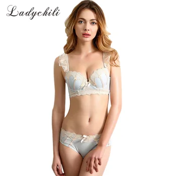 

Women Shoulder Strips Lace Embroidery Sexy Bra Set Pad Foam Push Up Gathering Bra and Panty Set Bow Application Underwear N153