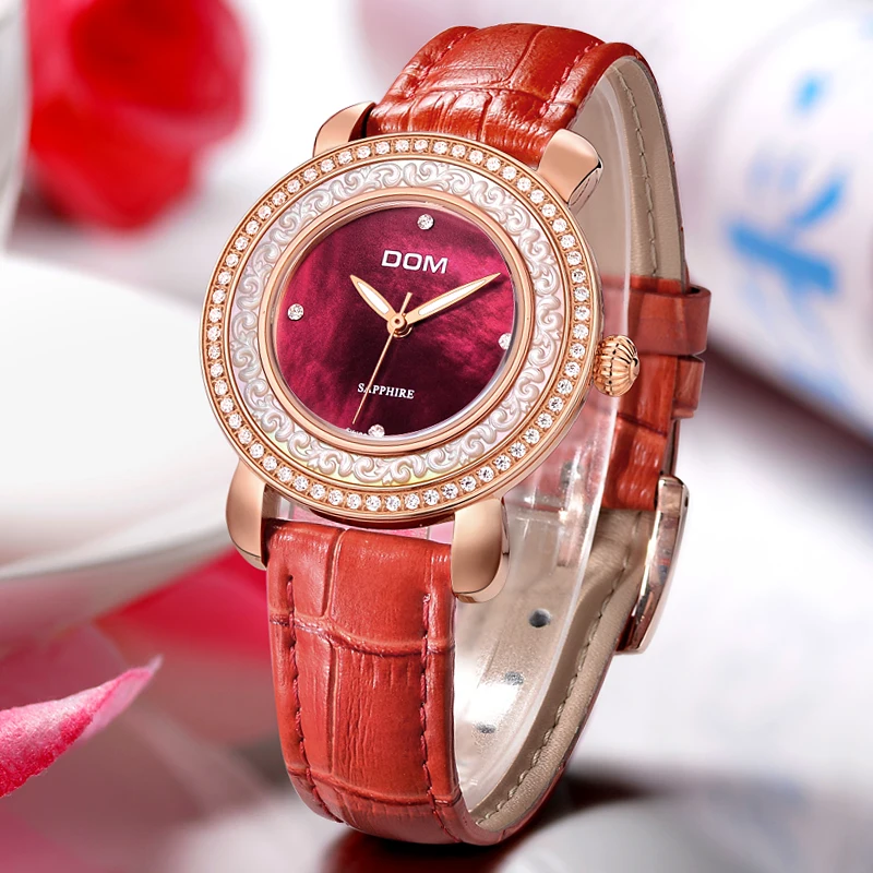 DOM 2016 Women Watches Rhinestone Crystal Quartz Watch Leather Belt Fashion Personality Casual Sports Waterproof Wristwatch
