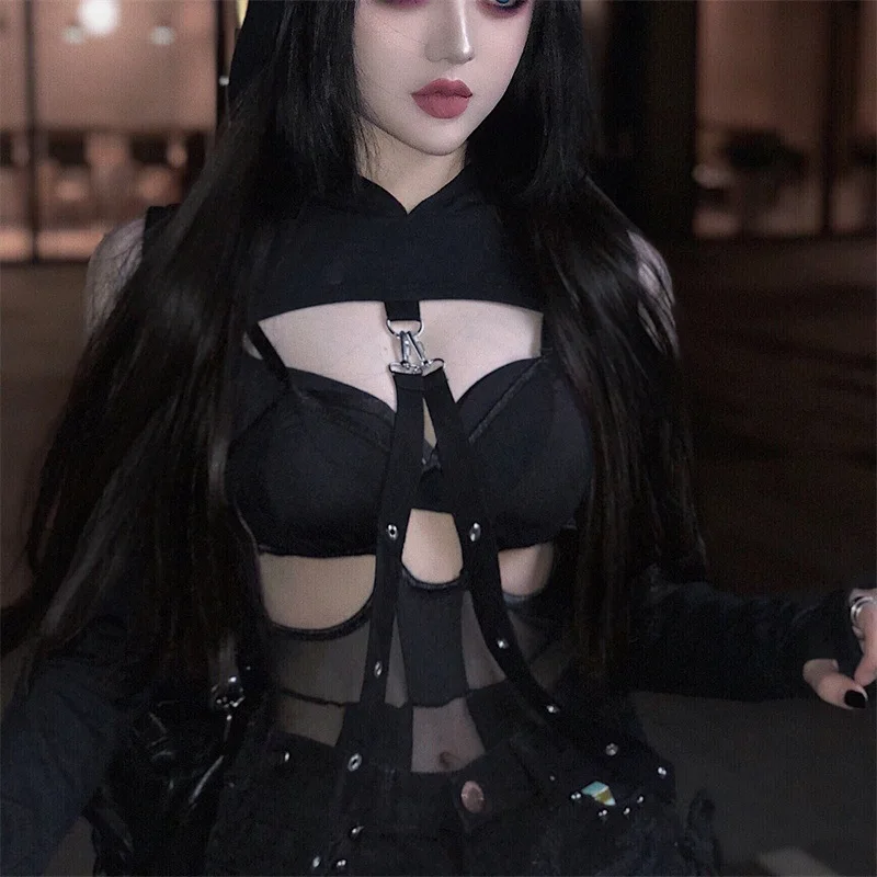 

Liser Women Punk Black Hole Hoodie Sweatshirt Gothic Sexy Off Shoulder Girls Fashion Cool Zipper Cosplay Costume