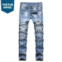 Новинка 2019 года мужские джинсы повседневное рваные прямые длинные джинсовые штаны светло голубой промывают брюки для байкеров ковбой