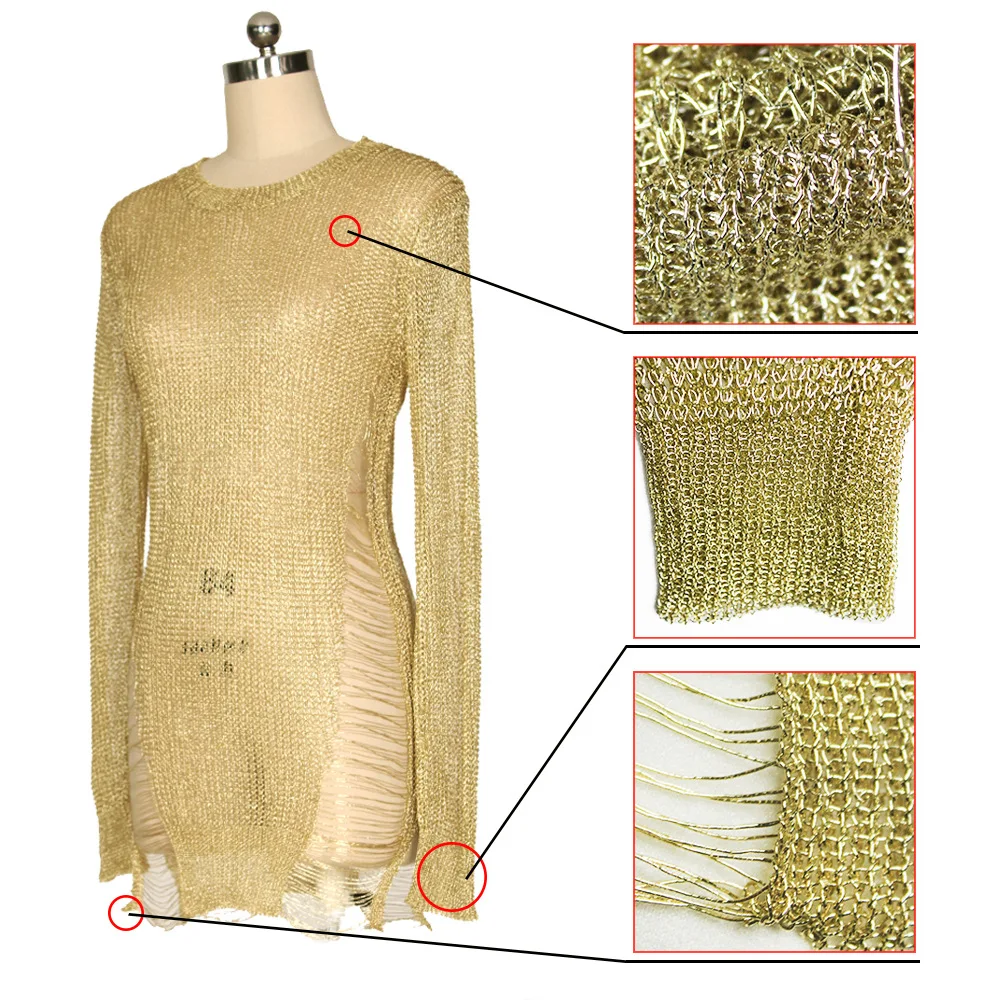 Женское металлическое трикотажное платье-свитер с прорезями, популярное стрейчевое сексуальное платье с вырезами и металлическими блестками, Пляжное Платье Wea
