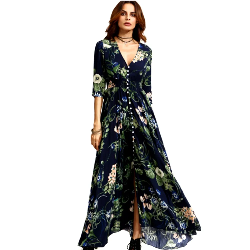 

Women Long Maxi Dress 2018 Summer Floral Print Beach Dress Half Sleeve V-neck Party Dress Tunic Vestidos Plus Size XXXL