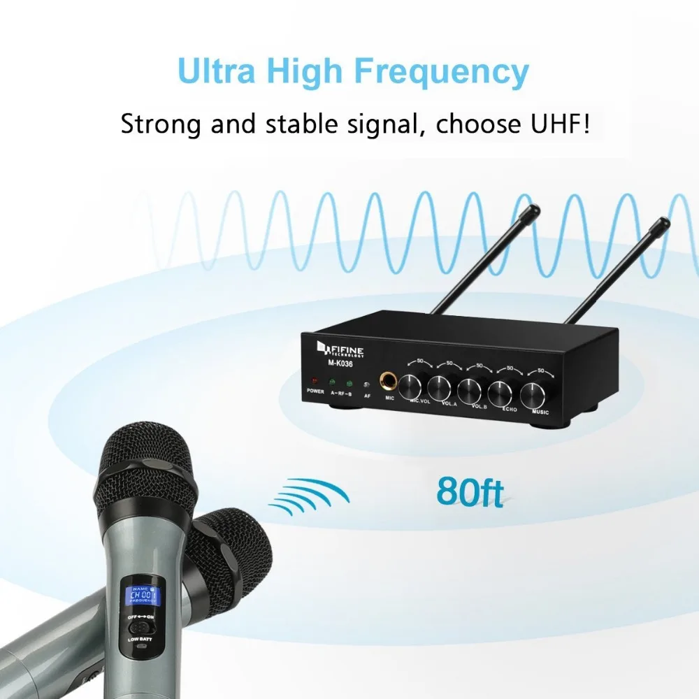 Fifine UHF Dual Channel Wireless Handheld Microphone, Easy-to-use Karaoke  Wireless Microphone System K036