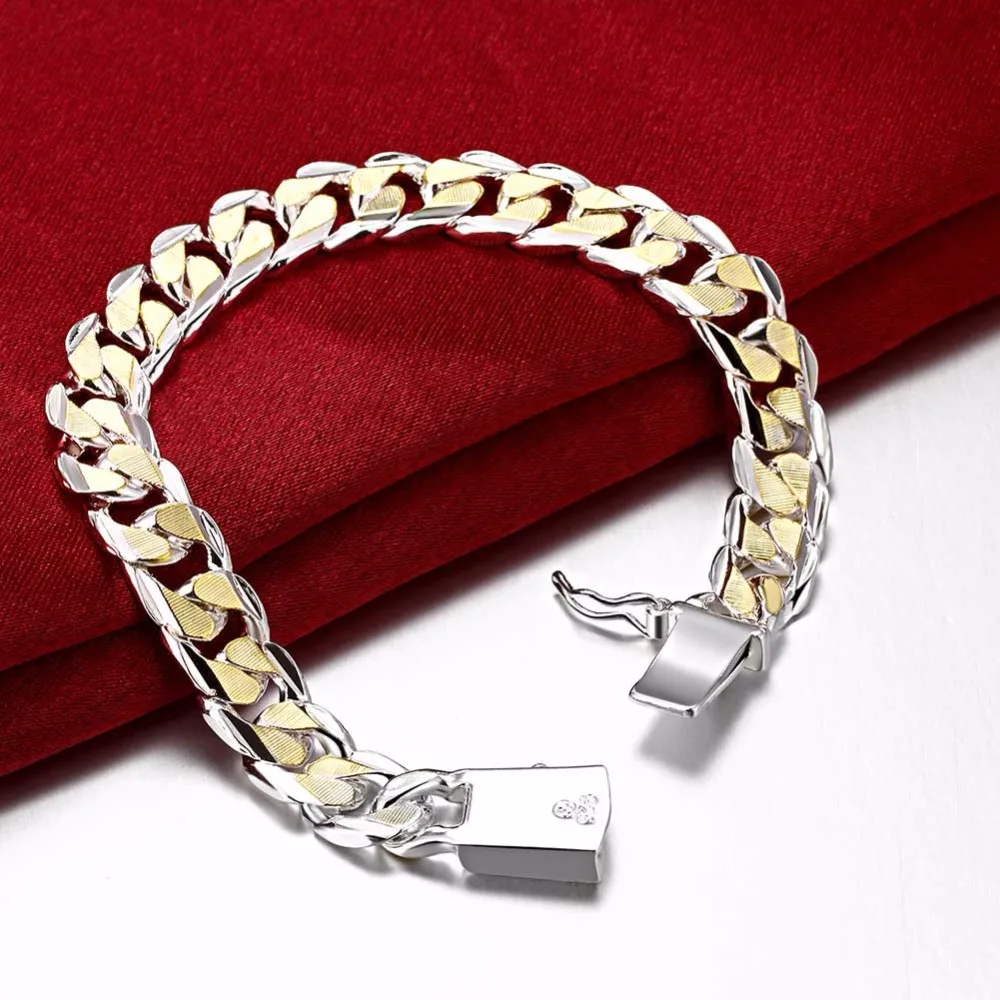 H091 925 silver bracelets for men Stamped 925 and golden link chains square clasp women bracelet bangle jewelry bouddhiste