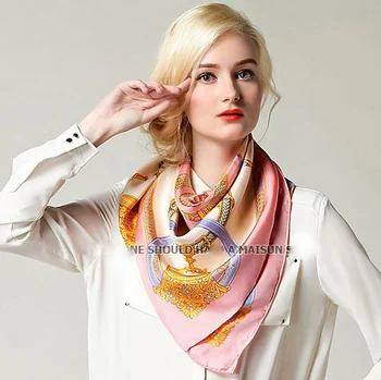

90x90cm hot sale pure silk pink foulard chain scarf square women / pure silk bandana hijab wraps and shawls free shipping