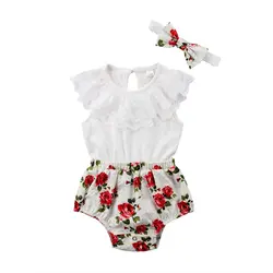 Новорожденных Одежда для детей; малышей; девочек цветочный кружевная одежда рукавом комбинезон боди Sunsuits летние детские наряды комплект