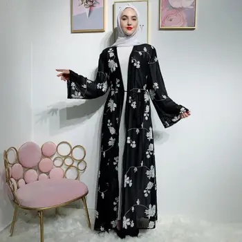 

2019 Open front floral Long kimono abaya muslim women arab turkey dubai black abaya cardigan islamic a1237