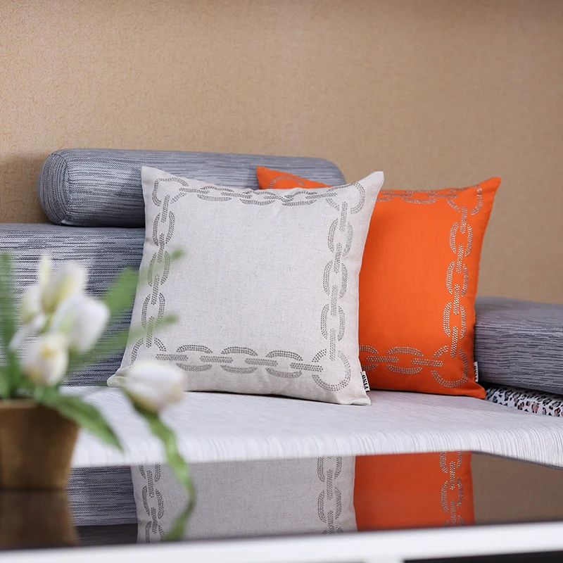 Beads Embroidered Linen Cushion Cover Natural Red Colour Check Cojines