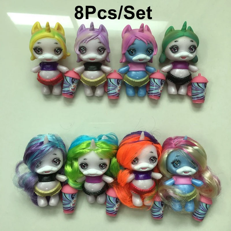 

8Pcs/Set Hot Sale Sparkly Critters Style Shaky Toys Cartoon Poopsie Slime Surprise Unicorn Hair Collection Figure Toys Gifts