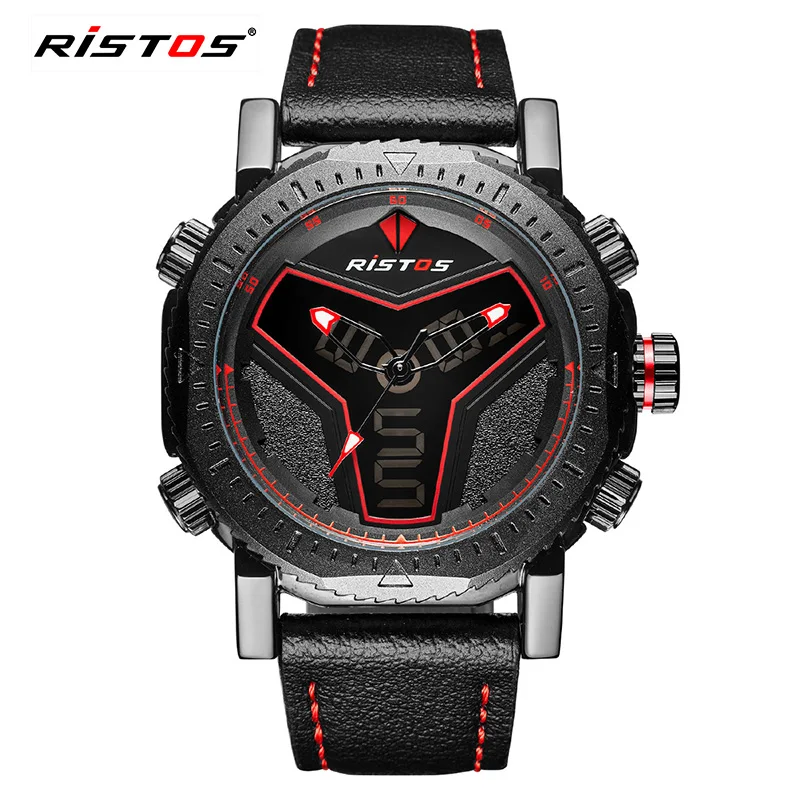 

RISTOS Brand Casual Military Men Quartz Watch Analog Digital Leather Men's Sports Watches Army Casual Waterproof Wristwatch 9341