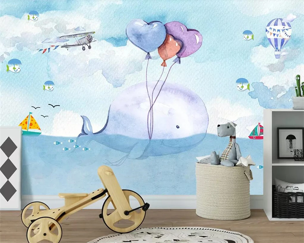 Beibehang Custom wallpaper photo hand painted watercolor cartoon whale balloon children bedroom background wall decoration mural