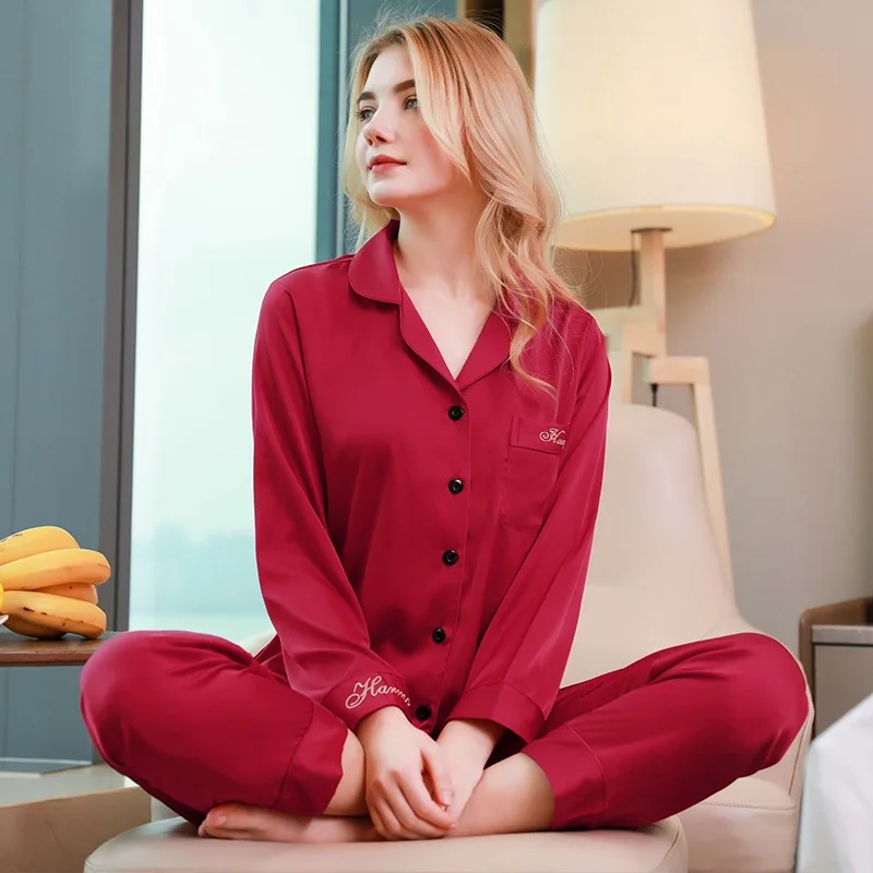 Парные Пижамы весна и осень новые сексуальные шелковые пижамы с длинными рукавами большой размер парные пижамы набор - Цвет: W   Red Wine