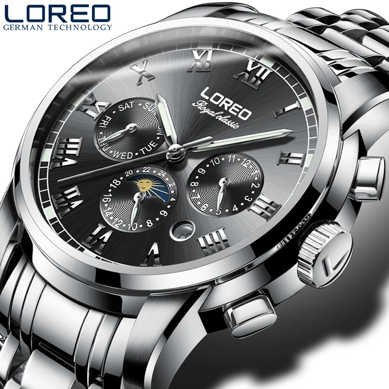 

LOREO top luxury luminous automatic mechanical hollow moon phase 25 jewles fashion leisure business black male watch