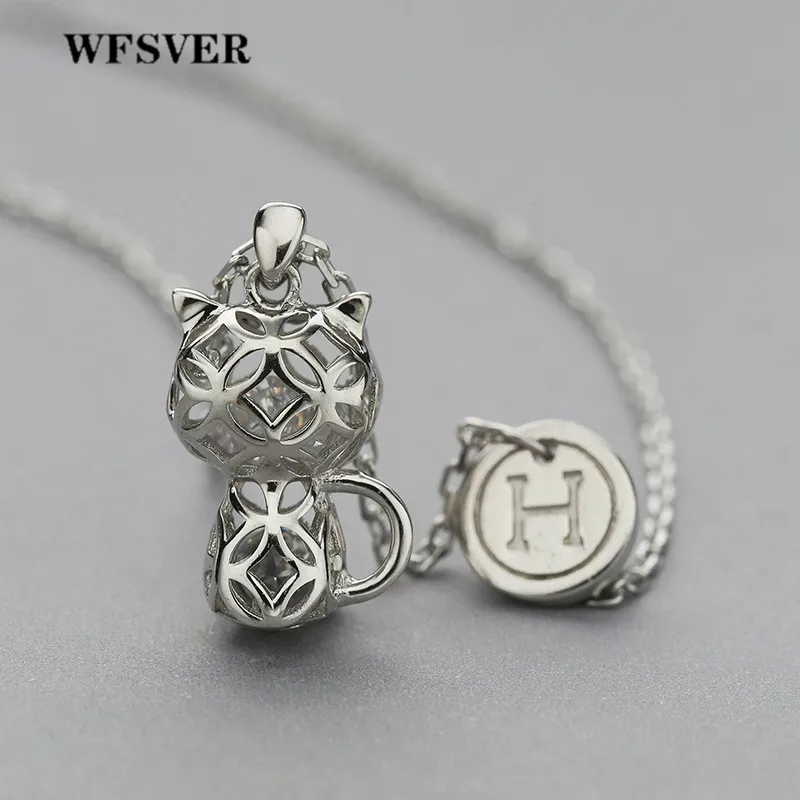 

WFSVER 925 Sterling Silver Hollow Cat Shape H Round Pendant Necklace For Women Anniversary Pendant Necklace Fine Jewelry Present