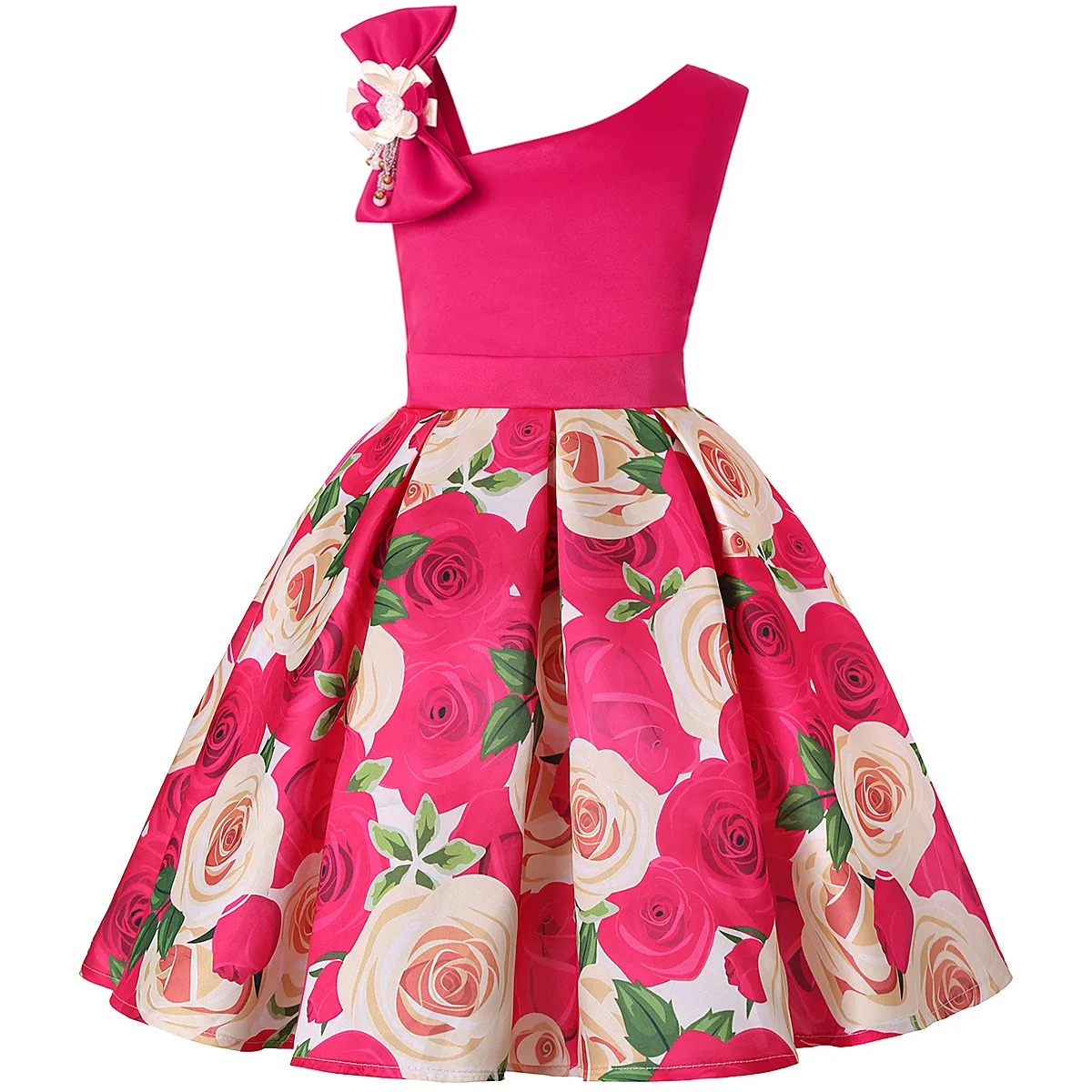 Детские платья для девочек, платья с цветочным рисунком для девочек, рождественское платье с одним плечом, платье принцессы на день рождения, свадебное платье с бантом - Цвет: Rose