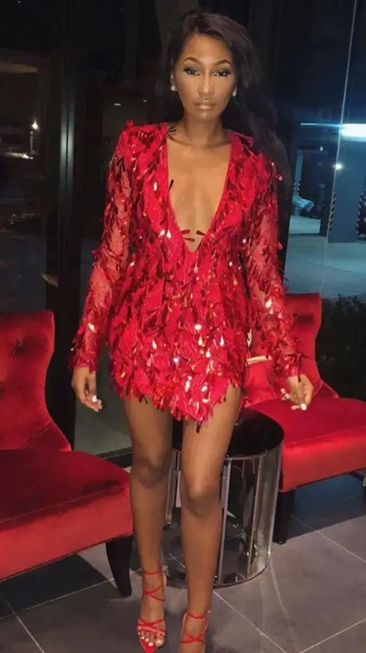 

High Quality Red Long Sleeve V-neck Mini Dress Evening Party Dress
