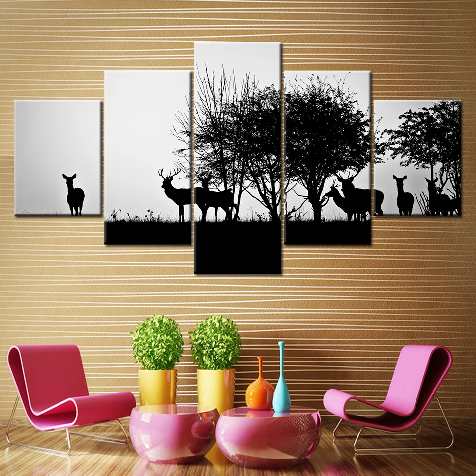 HD Prints Canvas Wall Art Home Decor Pictures 5 Pieces Black silhouette of a hunter and dog in the forest Posters Framework | Дом и сад