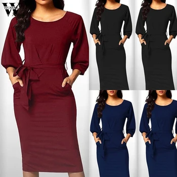 

Womail dress Autumn Fashion long Sleeve Solid with belt long Dress Beach Party Casual Women Elegant Holiday vestidos Daily J715