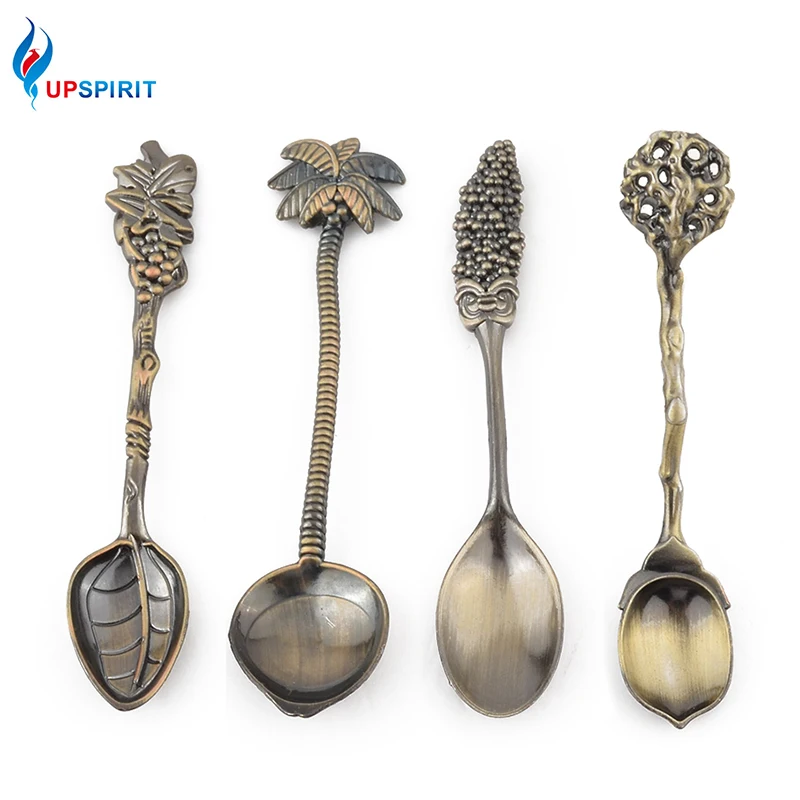 

Upspirit 4Pcs/Set Alloy Vintage Royal Style Carved Mini Coffee Spoons Coconut Tree Grape Handle Dessert Spoon Flatware Cutlery