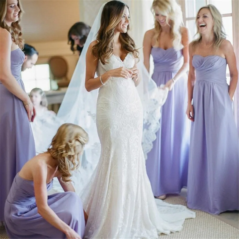 

Wonderful Light Lavender Bridesmaid Dresses Strapless A Line Sleeveless Pleat Chiffon Simple Wedding Party Gowns Cheap