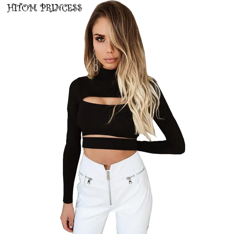 

HITOM PRINCESS High Street Turtleneck Long Sleeve T Shirt Women Hollow Out Crop Top Female T-shirts Autumn Bandage Women T-shirt