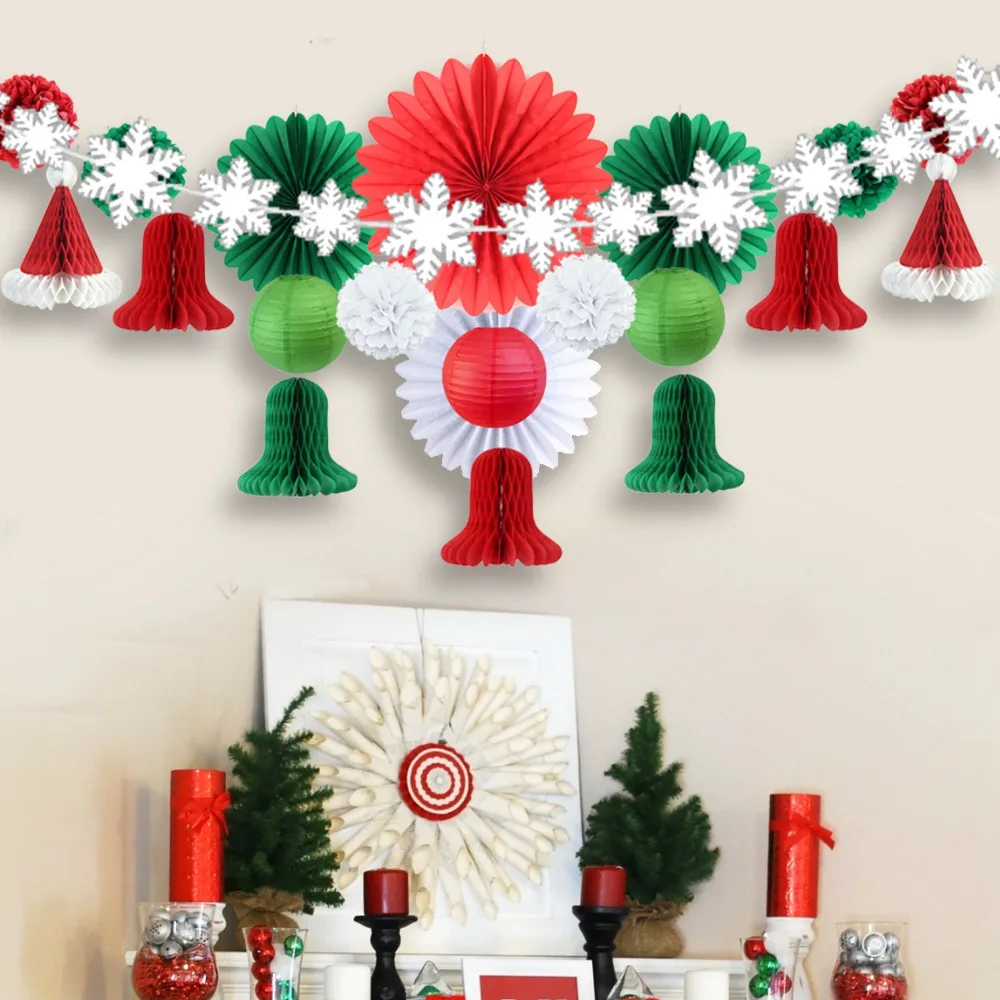 

22pcs/set Christmas Decoration Kit Snowflakes Wooden Clip Garland Honeycomb Hats Bells Paper Lanterns Fans Small Bell Decor