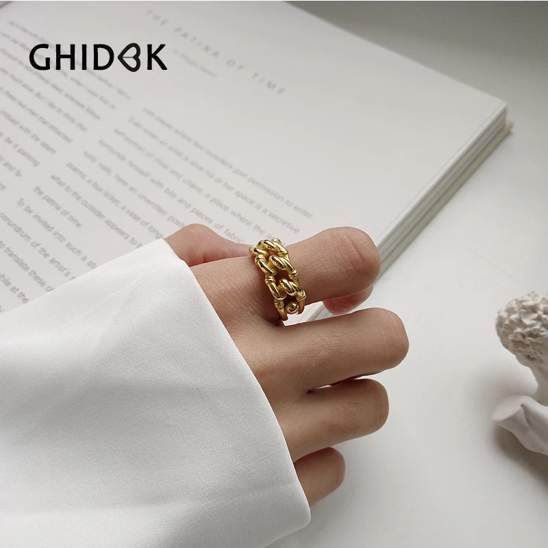 

GHIDBK Gold Color Stackable Hollow Chain Rings For Women 925 Sterling Silver Open Layered Rings Solid Thick Rings Unisex Bijoux