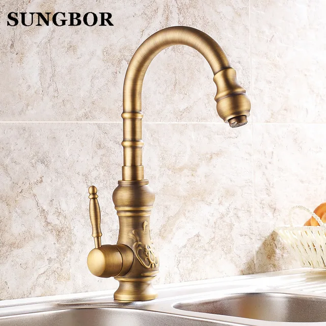 Cheap 360 Degree Rotaty Kitchen Faucet Antique Brass Deck Mounted Single Handle Bathroom Faucet Hot and Cold Water Mixer Taps CF-9136F