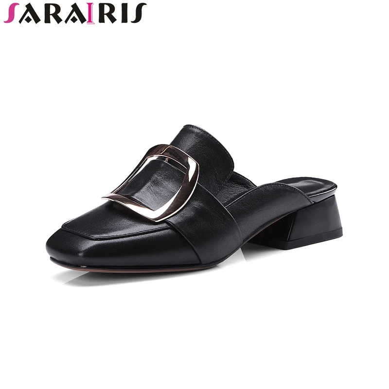 

SARAIRIS 2019 Genuine Leather Spring Autumn Size 34-39 Square Toe Slip On Women Pumps Mules Shoes Woman Chunky Heels Footwear