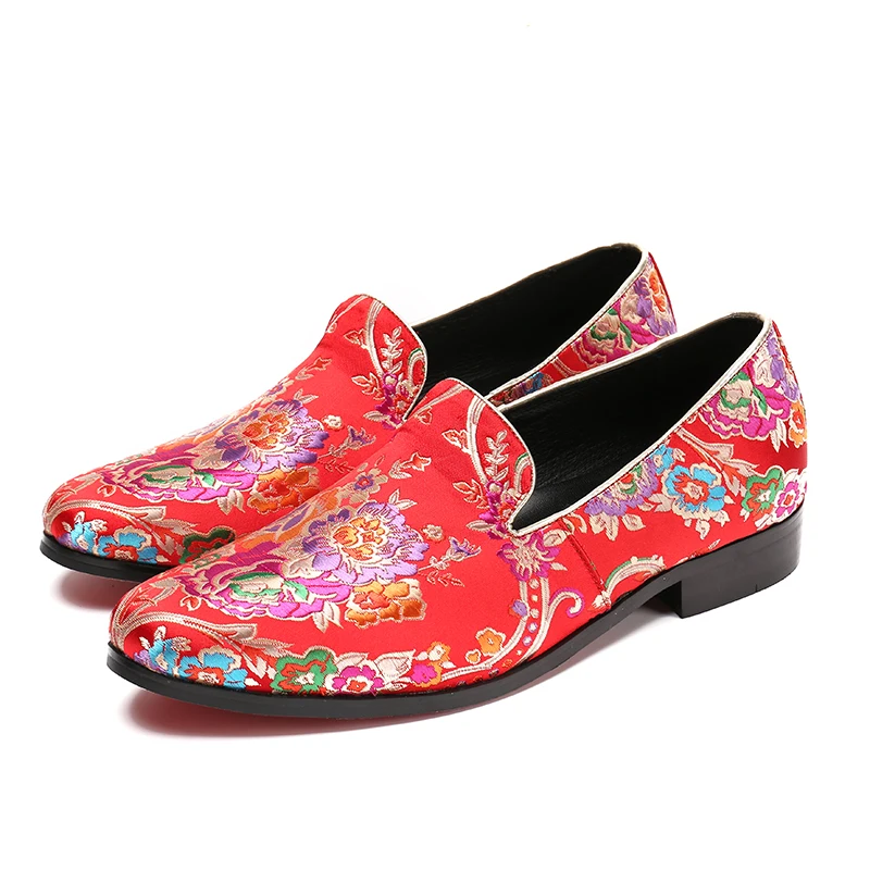 

Eunice Choo Round Toe Red Flower Embroidery Men Loafers Fashion Floral Party Dress Chinese Style Wedding Men Leather Shoes