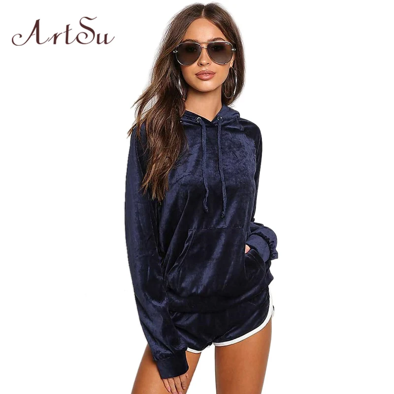 ArtSu Two Piece Set Velvet Women Tracksuit Hooded Long Sleeve Pullover Sweatshirt Elastic Waist