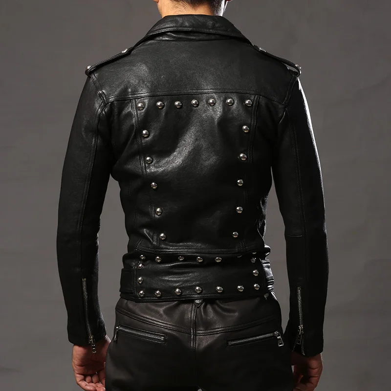 Модная приталенная кожаная мотоциклетная куртка с заклепками, Мужская облегающая стильная Черная байкерская куртка из овчины для мужчин, кожаная мужская куртка в стиле панк