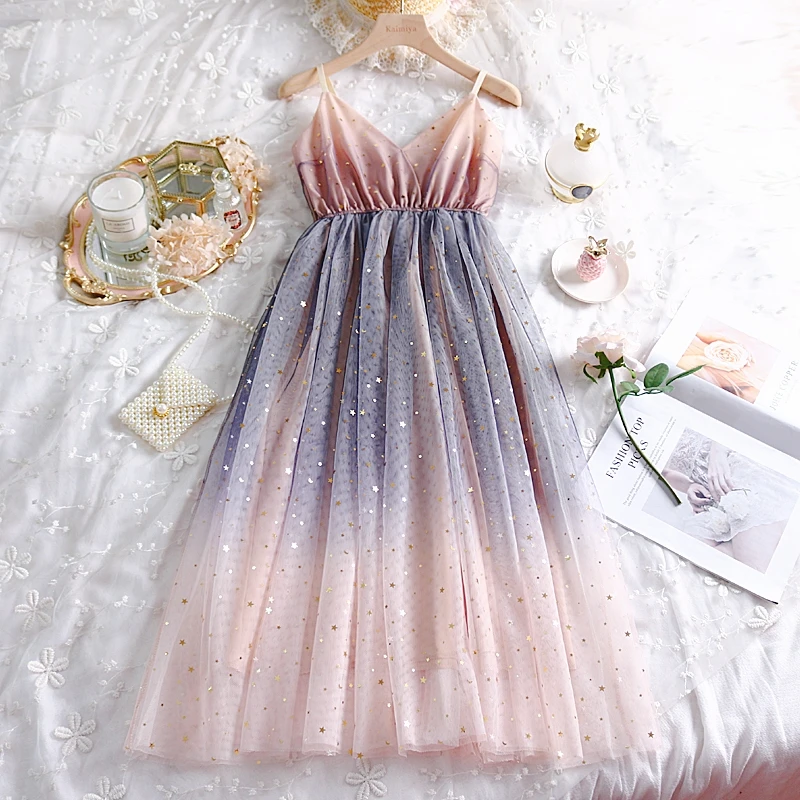 

Fairy Korean Temperament Stars Sparkling Sequined Gradient Summer Dress Sling V-neck High Waist Mesh Gauze Vintage Dress Women